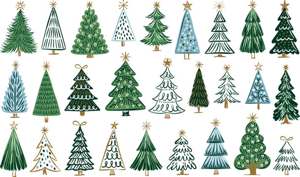 Hand-drawn Christmas tree clip art set, festive doodle pine trees vector illustration for holiday cards and winter seasonal design