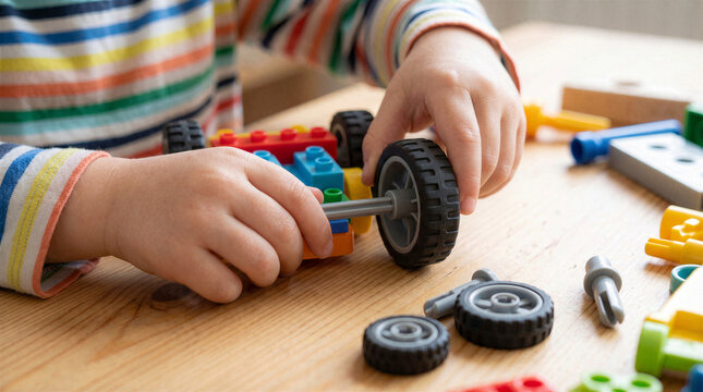 Child assembling toy vehicle with wheels during creative STEM play at home.