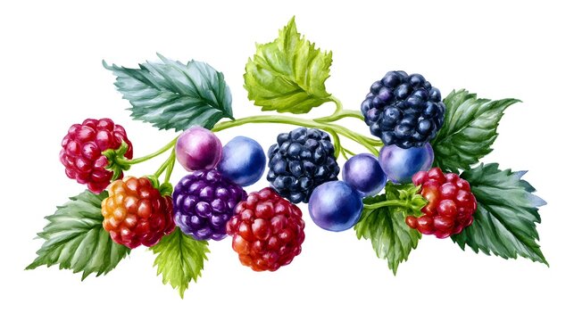 Watercolor painting of wild berries and blackberry leaves on white