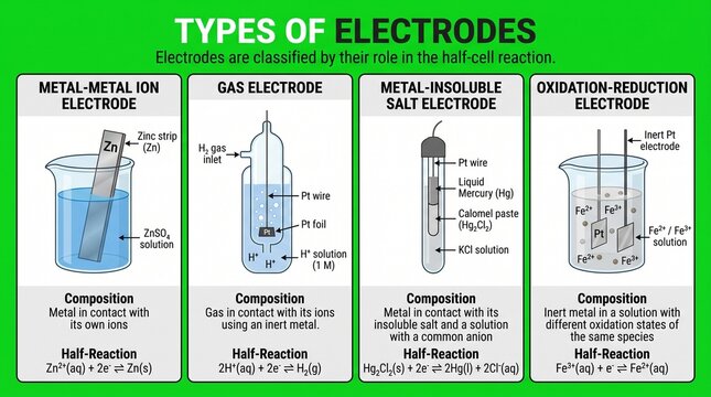 Educational infographic showing types of electrodes and half cell