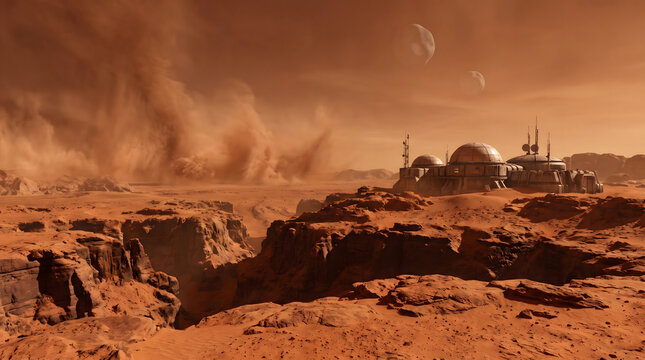 Rust-red desert planet with swirling dust storms, rocky canyon cliffs, futuristic domed colony base and two moons in orange sky, Mars-like alien world sci-fi landscape