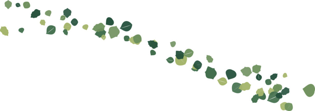 Scattered green leaves forming a diagonal line against a white background for organic design concepts