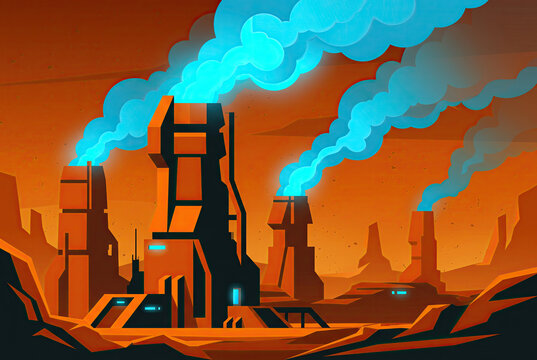 Futuristic Factory Emitting Blue Smoke On Orange Planet
