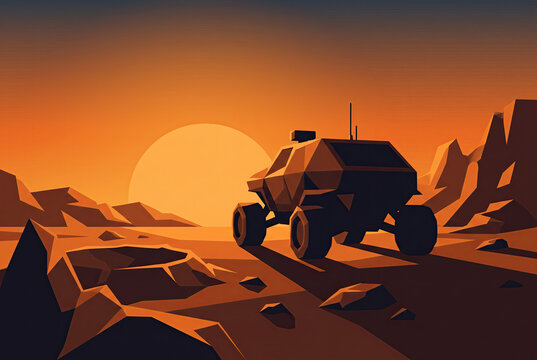Mars Rover Vehicle Exploring Rocky Planet Surface at Sunset Illustration