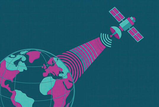 Pink And Teal Satellite Broadcasting Signals To Earth