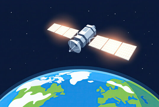Satellite Orbiting Planet Earth in Outer Space Illustration