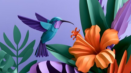 Fototapeta premium Papercraft hummingbird sipping nectar from orange hibiscus flower