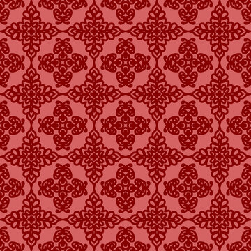 Red seamless damask pattern with oriental ornament background