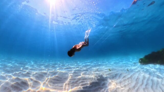 Underwater ocean exploration by woman swimming with fins in crystal blue sea with sun rays. Dynamic tracking shot.