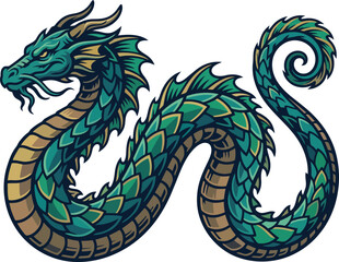A stylized sea serpent illustration features detailed scales and a curled form dragon mythical reptile wyvern vector graphic artwork fantasy creature scaled coiled turquoise emerald © RingArt