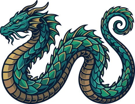 A stylized sea serpent illustration features detailed scales and a curled form dragon mythical reptile wyvern vector graphic artwork fantasy creature scaled coiled turquoise emerald