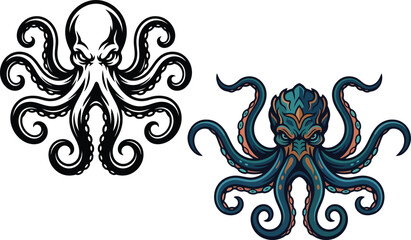 An octopus illustration is presented in both monochrome and full color versions showcasing detailed tentacles cephalopod kraken marine oceanic vector graphic artwork drawing intricate creature © RingArt