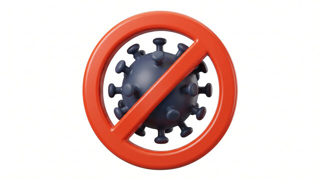 3D Illustration of a Black Virus Cell Inside a Red Prohibition Sign