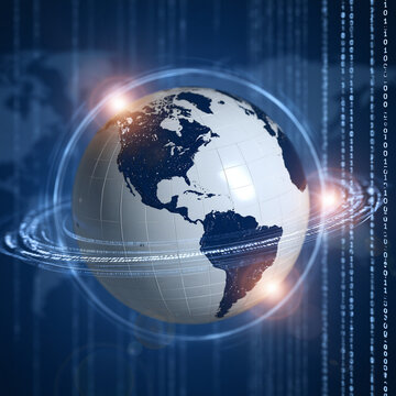 Digital globe with binary code rings against blue