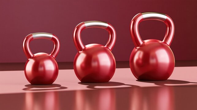 Three red metallic kettlebells in ascending size on reflective surface with deep red background, studio lighting highlights glossy finish and clean composition