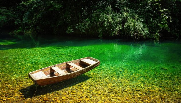 Serene Wooden Boat Floating on Crystal Clear Emerald Green Water Surrounded by Lush Forest.