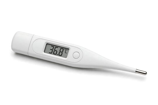 Digital medical thermometer displaying 368 degrees celsius isolated on white background