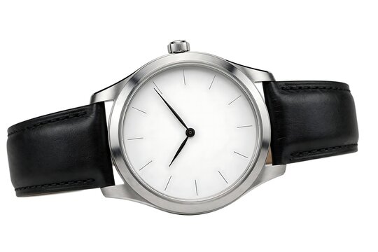 Minimalist wristwatch with a white dial and black leather strap isolated on white background