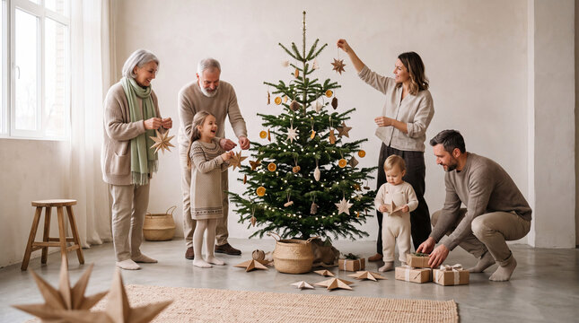 Family Decorating a Minimal Studio Tree for New Year