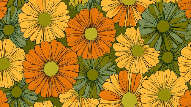 Seamless pattern of retro daisies in orange and avocado green