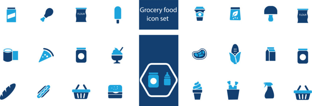Set of grocery food icons including pizza, burger, chicken, ice cream, corn, and shopping basket, flat vector illustration for supermarket and food delivery apps