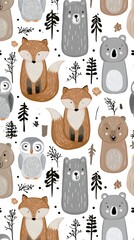 Fototapeta premium Hand drawn woodland animals pattern with fox bear and owl