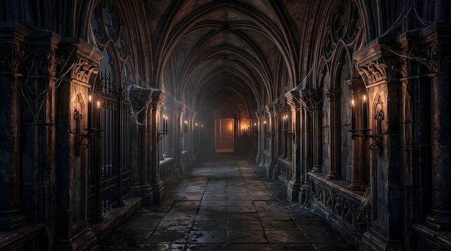 Dark gothic hallway with stone arches and glowing candle sconces in a