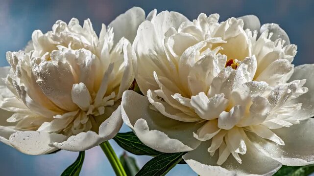 Two white peony buds opening into flowers with delicate water droplets, Renewal and natural beauty expressed through flowers opening into full bloom