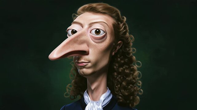 Animated long-nosed caricature turning his head against a dark green background, Whimsical character animation built around exaggerated facial proportions and an expressive head turn