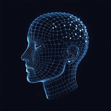 Digital Human Face Mesh Profile with Neural Network Brain Connections Isolated on Dark Background.