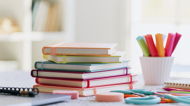colorful stack of notebooks and stationery supplies on