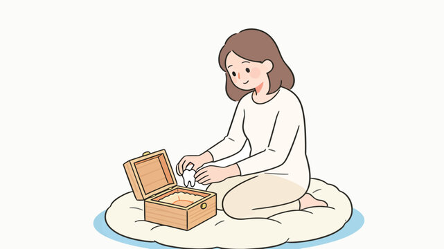 Woman Sitting on Fluffy Cloud Plush Holding Tooth Over Wooden Memory Box