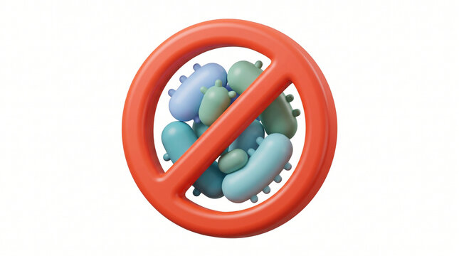 3D Illustration of Red Prohibition Sign With Blue Germ Cells For Hygiene