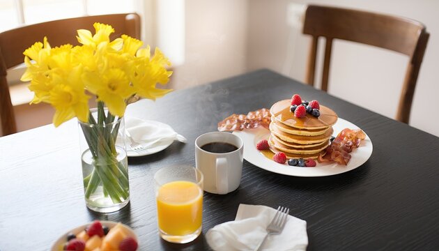 Delicious Stack of Pancakes with Berries and Bacon for Breakfast.