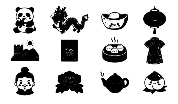 &bull; Kawaii Chinese culture and Lunar New Year vector icon set featuring cute panda dragon gold sycee and red lantern