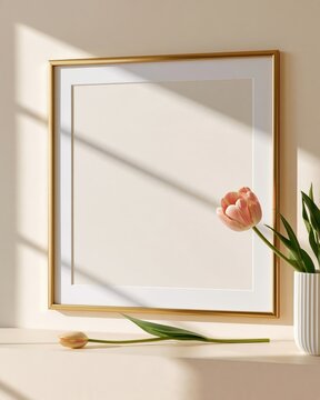 Gold picture frame with white mat on beige wall, pink tulip in white vase and single tulip stem on shelf, soft sunlight casting diagonal shadows