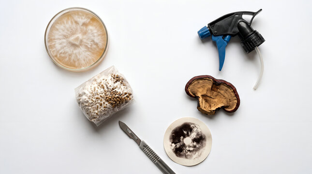 Six mycology lab mushroom cultivation and spore tools in V-shape on white