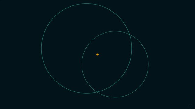 Minimalist abstract motion with intersecting teal circles and central yellow dot background geometric