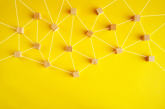 Business concept for network structure with connected people, showing teamwork,collaboration, stakeholder mapping, social graph, and business communication on yellow background