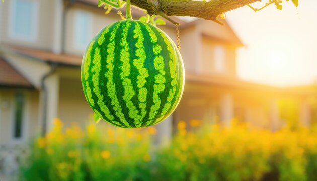 A Ripe Watermelon Hangs from a Tree Branch in a Sunny Garden.