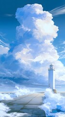 Fototapeta premium White lighthouse at end of long pier with crashing ocean waves