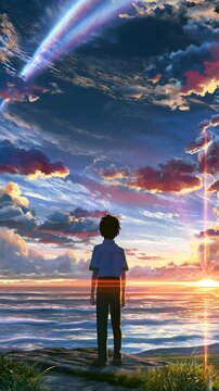 Anime boy standing on coastal cliff watching sunset over ocean