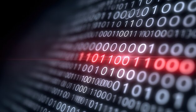 Digital Binary Code Data Stream With Red Highlighted Section.