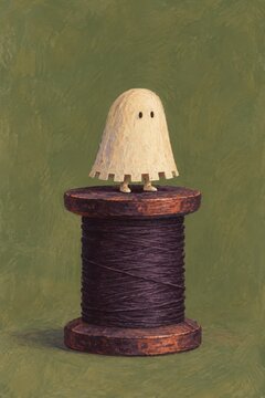 Tiny thimble-shaped ghost with pinprick eyes and a notched hem standing on an oversized dark spool