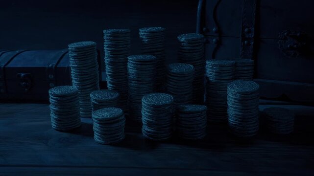Gold Coins Stacks In Dark Room Medieval Scene
