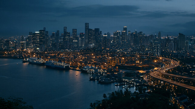 city skyline illuminated at night with harbor