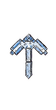 Hand Drawn Blue Pixelated Pickaxe in Minecraft Inspired Style
