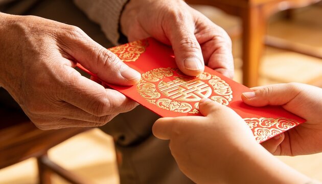 Close-up of elderly grandparent hands giving traditional red envelope with golden ornament to child during Chinese Lunar New Year celebration