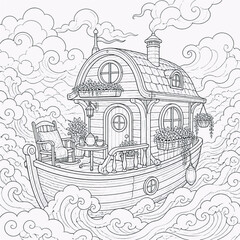Fototapeta premium wooden houseboat sailing through clouds adult coloring book page