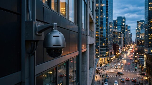 Security surveillance camera dome mounted on a modern high-rise building wall overlooking a busy city intersection at twilight